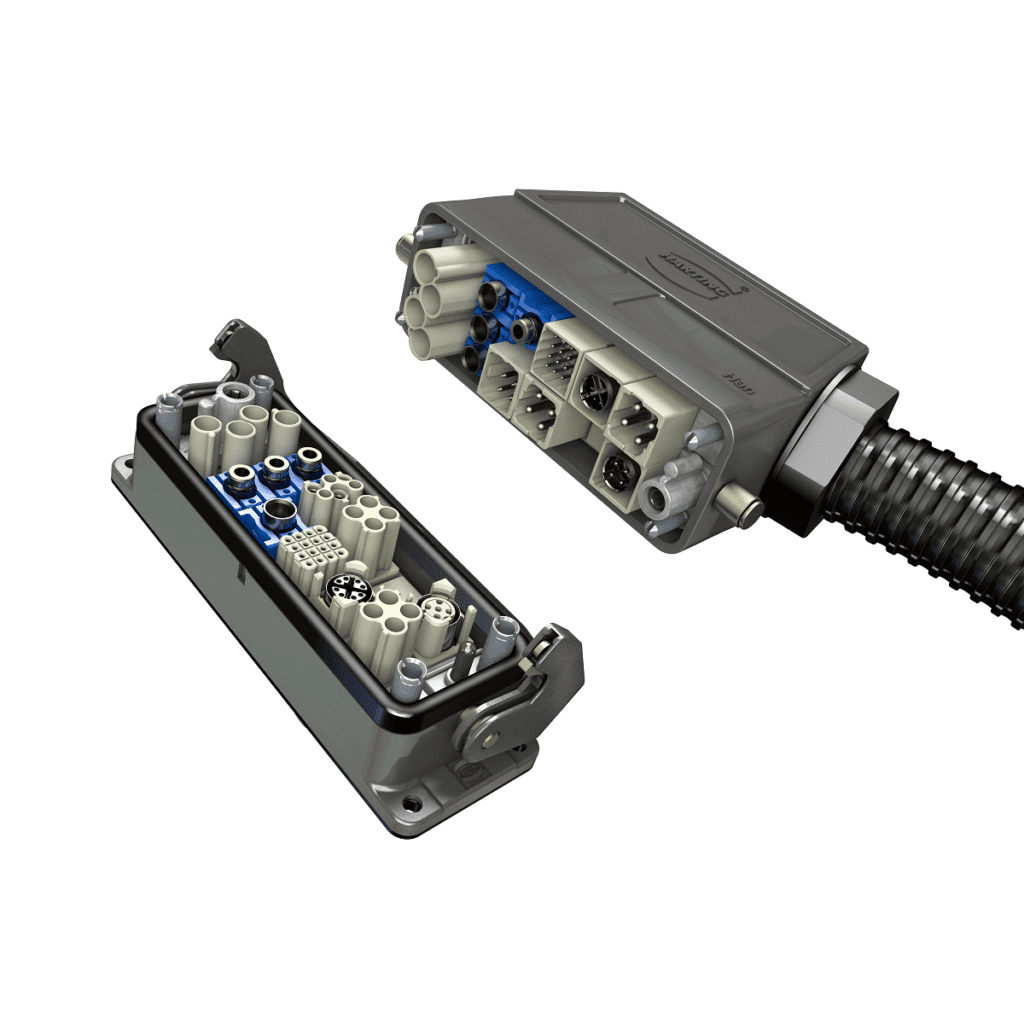 Harting presenteert de Han-Modular Domino-modules. Net als een domino die twee afzonderlijke vierkanten heeft, bestaat een Domino-module uit twee "kubussen". Het standaard Han-Modular-aansluitvlak is in twee nagenoeg vierkante oppervlakken verdeeld, waarin zelfs grotere contacten kunnen worden ondergebracht (foto: Harting)